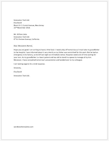 Day Off Email Template One Day Off Request Letter to Boss Word Excel Templates