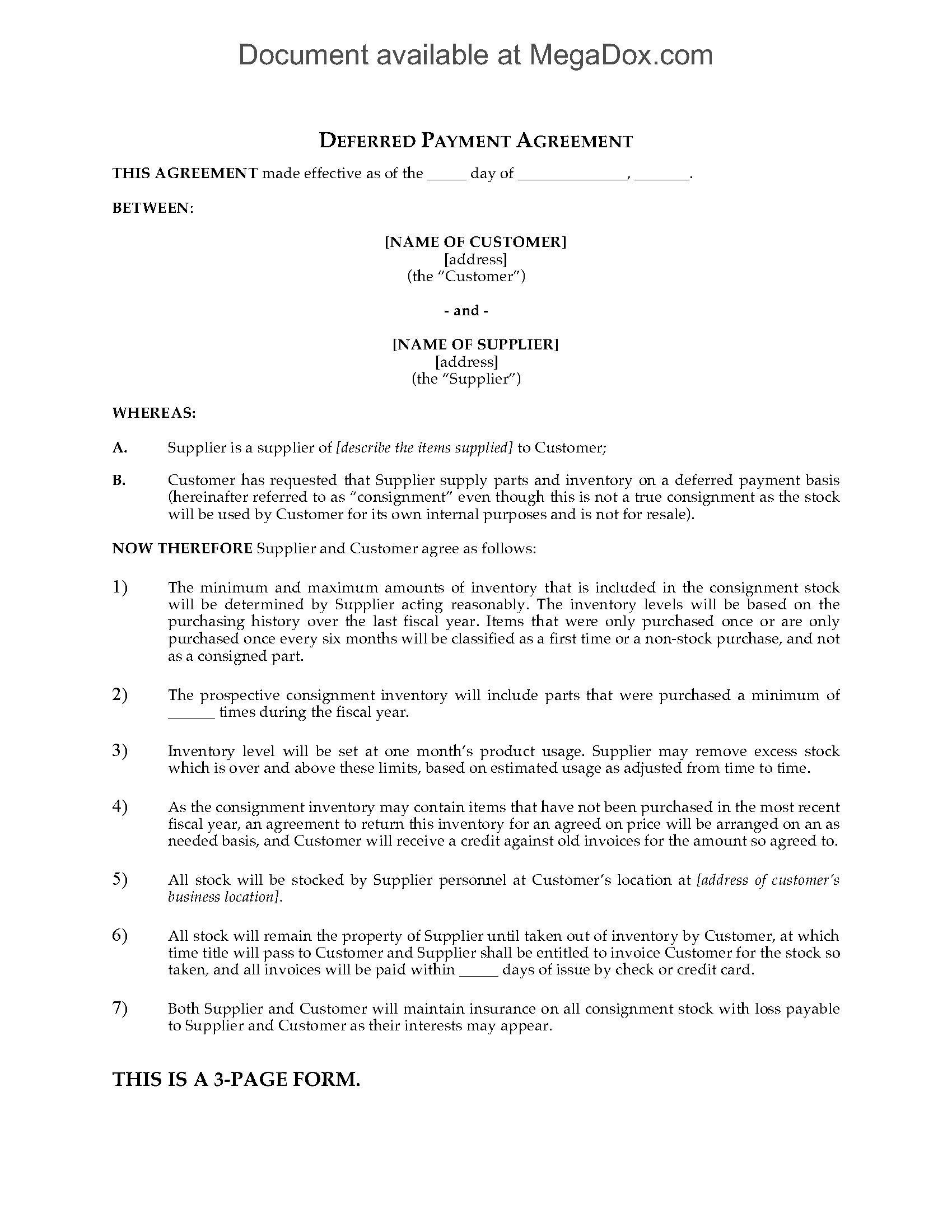 Deferred Payment Contract Template Deferred Payment Agreement Legal forms and Business