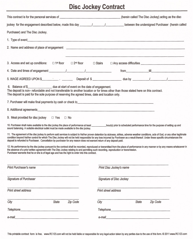 Disc Jockey Contract Template Printable Blank Contract form for Disc Jockey with 12