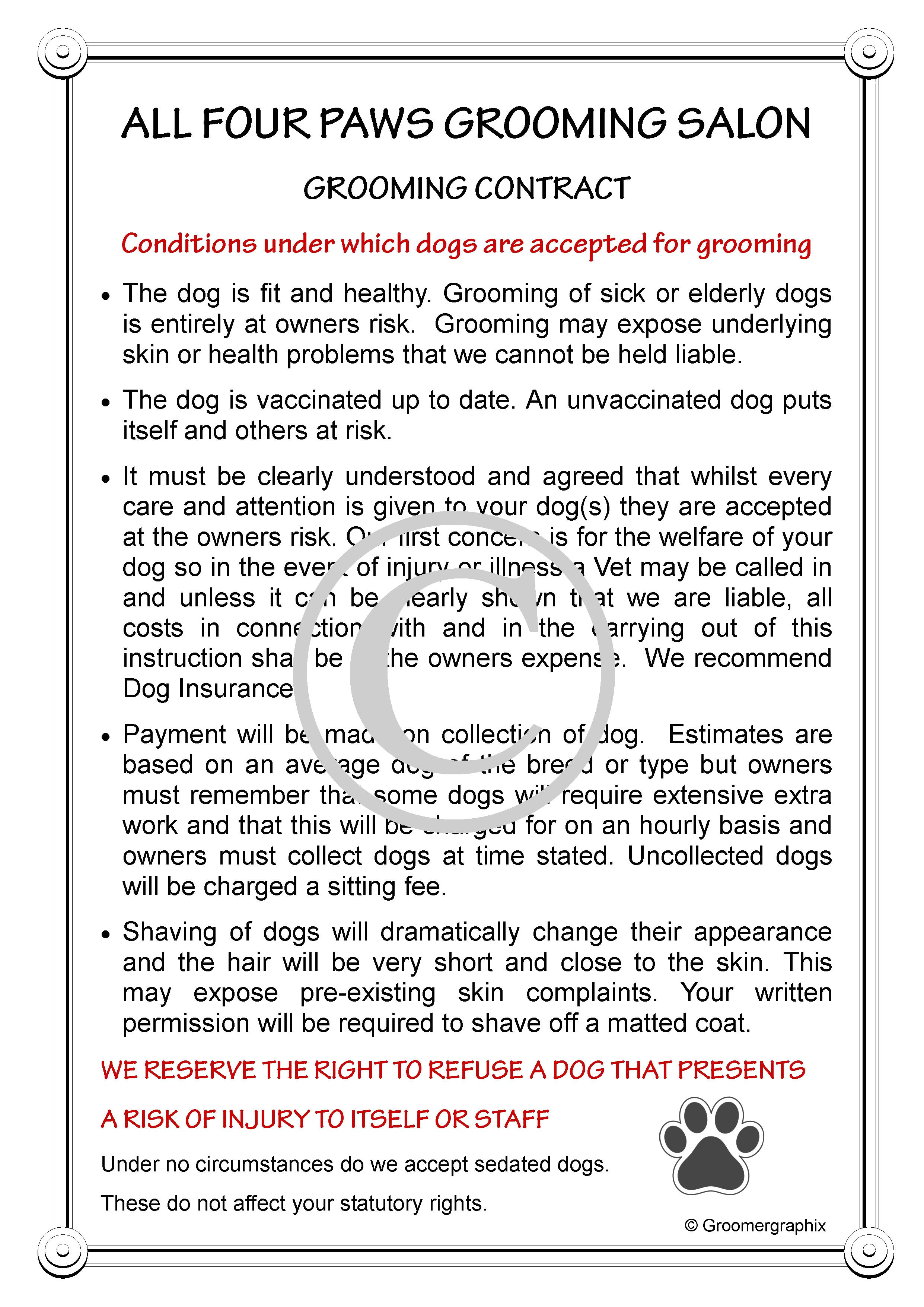 Dog Grooming Contract Template Grooming Contract Personalised Groomergraphix