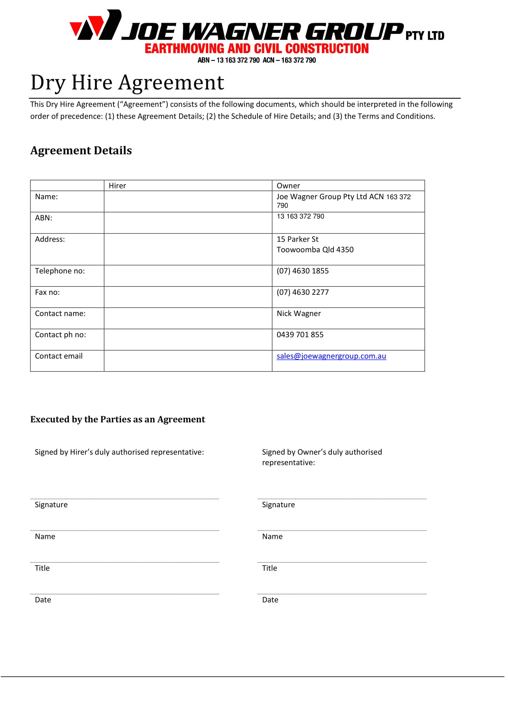 Dry Hire Contract Template 10 Hire Agreement Contract forms Pdf Doc