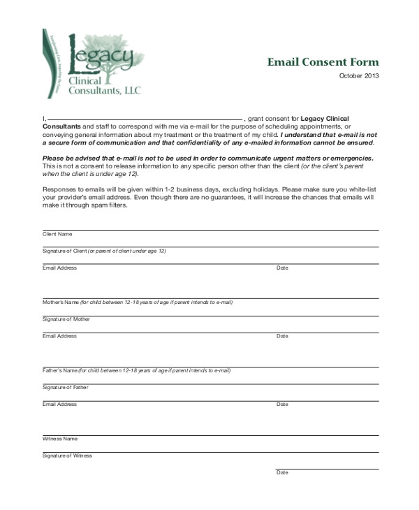 Email Consent form Template Sample Consent form 26 Free Documents In Word Pdf