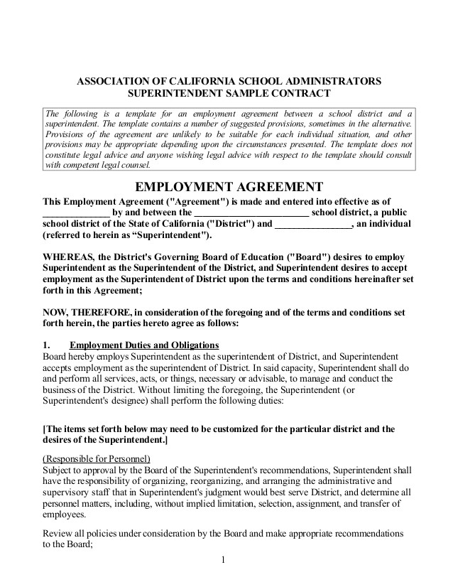 Employment Contract California Template Acsa Supt Sample Contract 1 29 13