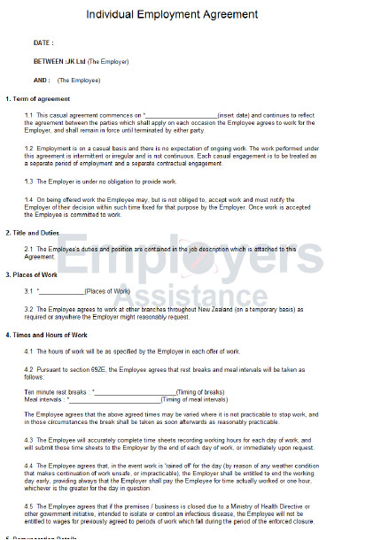 Employment Contract Template Nz Casual Employment Contract Agreement Employers