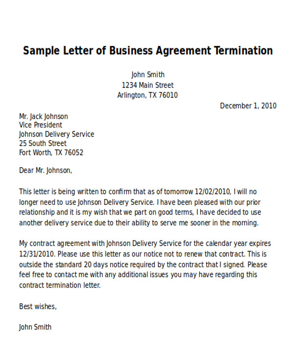 End Of Contract Termination Letter Template 7 Sample Termination Of Business Letters Pdf Word