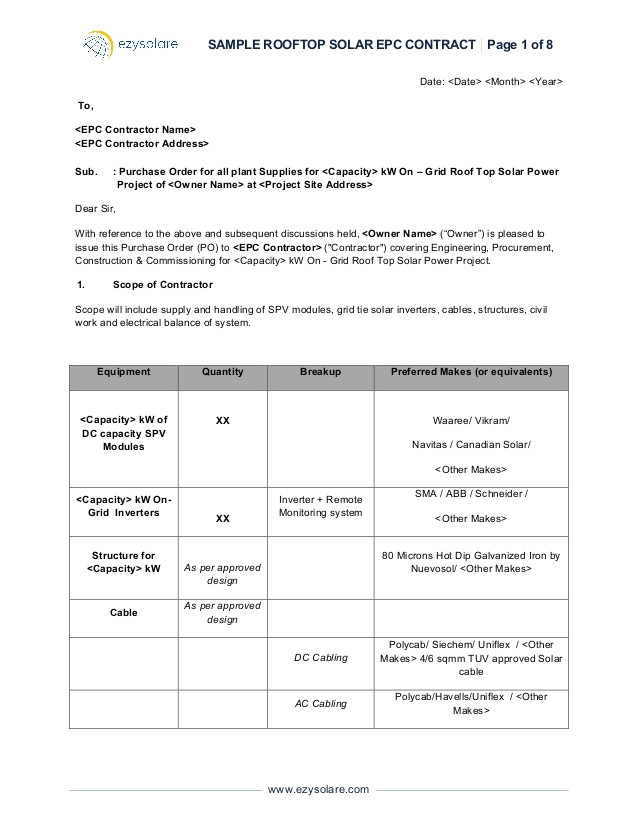 Epc Contract Template Sample Rooftop solar Epc Contract Ezysolare