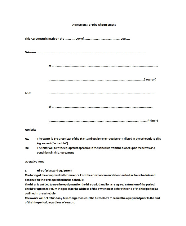 Equipment Hire Contract Template 20 Equipment Rental Agreement Templates Doc Pdf Free