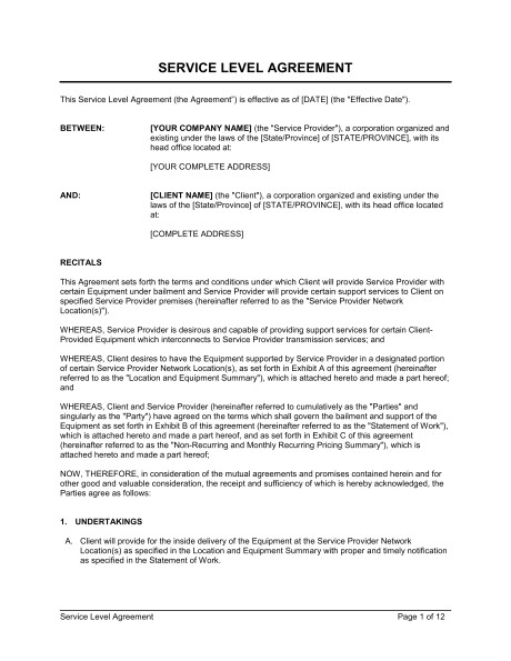 Escort Agency Contract Template Service Level Agreement Template Word Pdf by