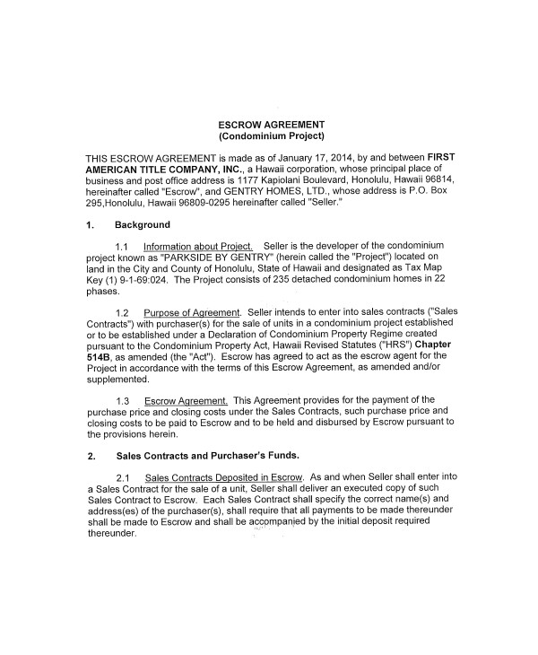 Escrow Contract Template Sample Escrow Agreement 10 Documents In Pdf Word