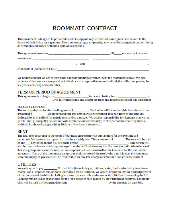 Flatmate Contract Template 8 Roommate Contract Templates Word Google Docs Apple