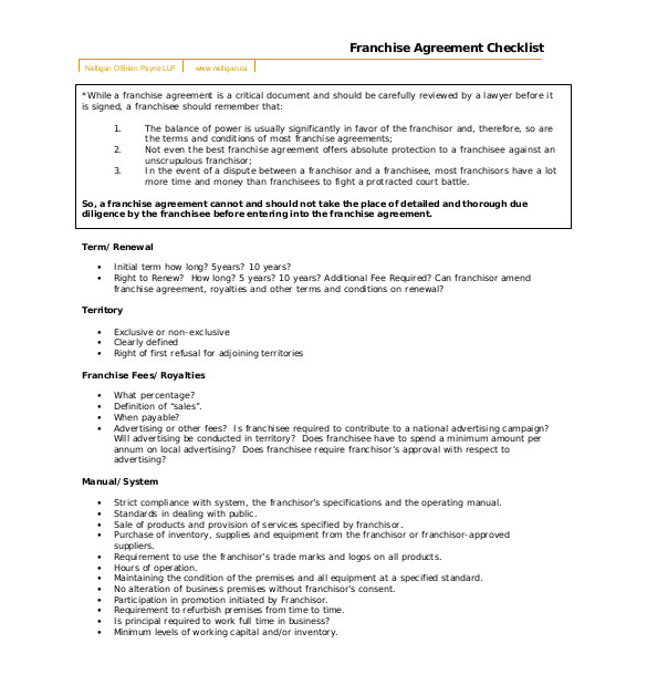 sample franchise agreement