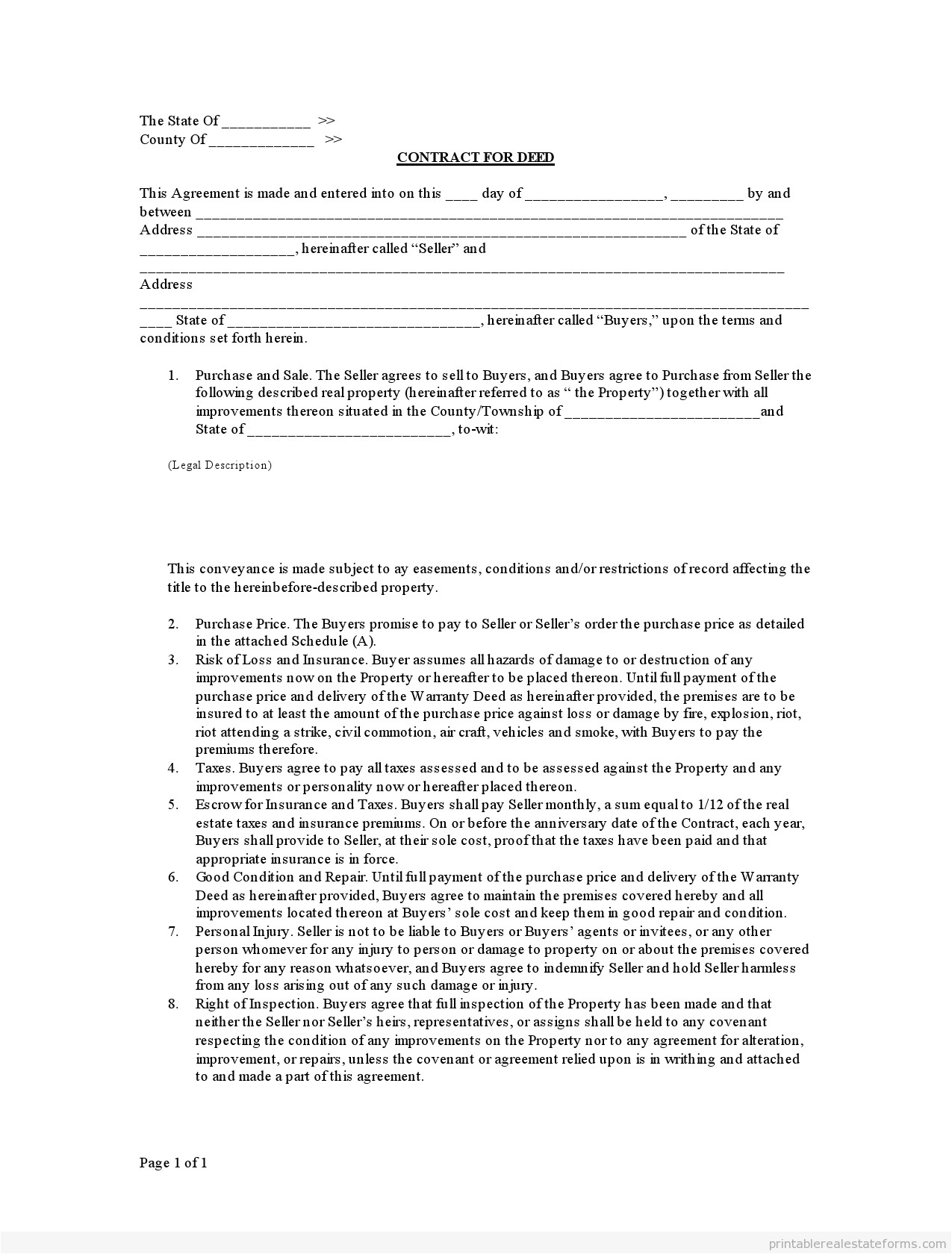 Free Printable Contract for Deed Template Free Printable Contract for Deed form Basic Templates