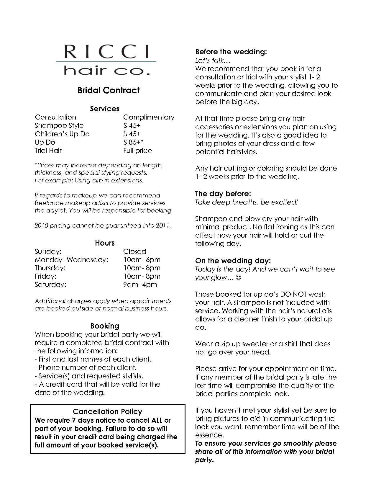 Hair Stylist Contract Template Bridalhaircotract Bridal Hair Stylist Contract