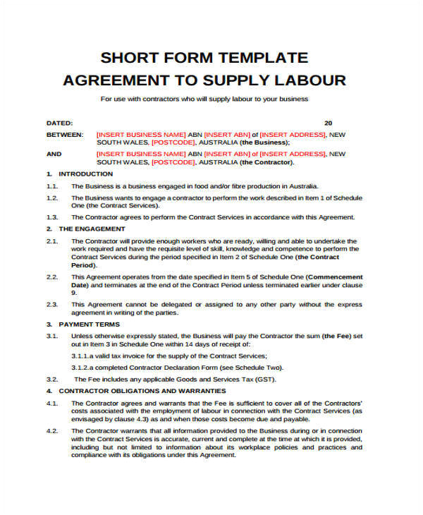 Labour Hire Contract Template 9 Labor Contract Sample Templates Docs Word Pages