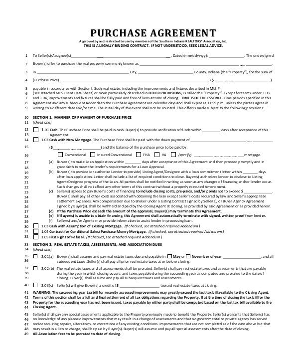 Land Contract Template Indiana Sample Real Estate Purchase Agreement 9 Examples In Pdf