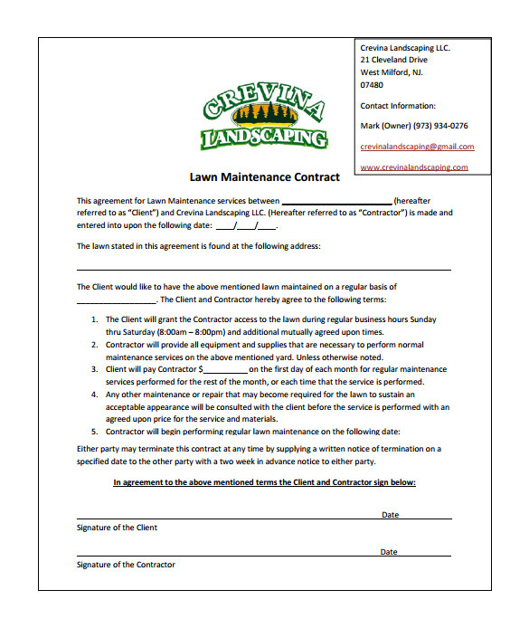 Lawn Service Contract Template 9 Lawn Service Contract Templates Free Word Pdf