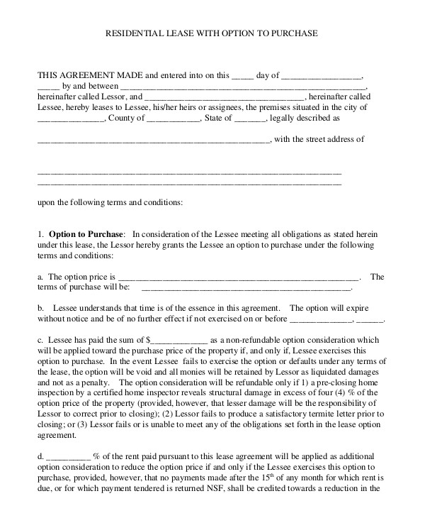 Lease with Option to Buy Contract Template 9 Lease Purchase Agreement Word Pdf Google Docs