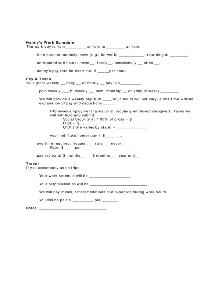 Live Out Nanny Contract Template Contract form for Live Out Nanny Free Download
