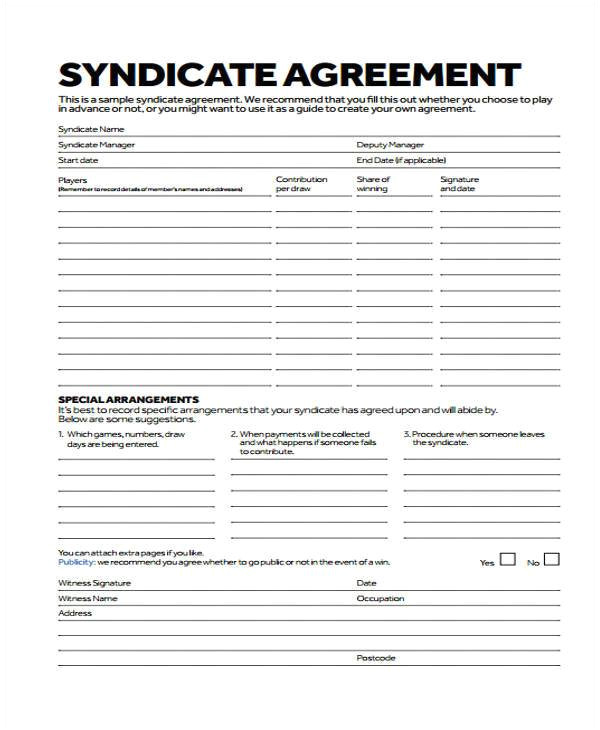 Lottery Syndicate Contract Template 8 Lottery Syndicate Agreement form Samples Free Sample