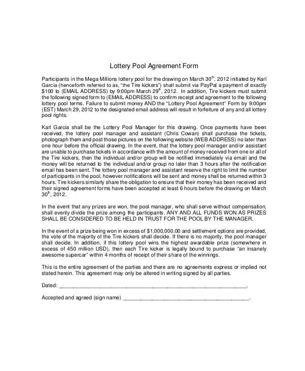 Lotto Pool Contract Template Lottery Pool Agreement Template 7 Free Pdf Documents