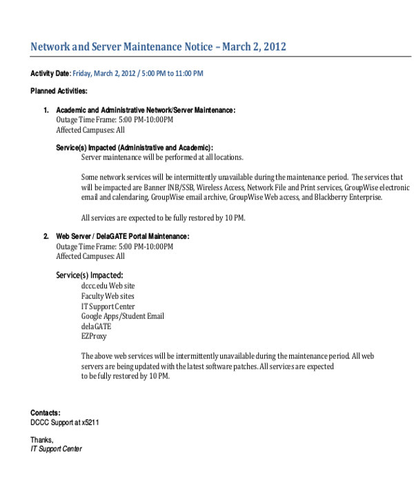 Maintenance Window Email Template Maintenance Notice Templates 8 Free Word Pdf format