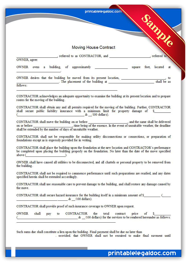 Moving Contract Template Free Printable Moving House Contract form Generic