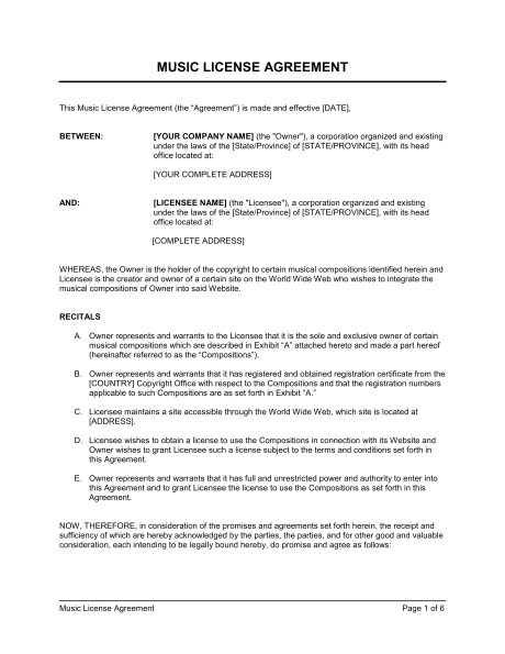 Music Licensing Contract Template Music License Agreement Template Sample form Biztree Com
