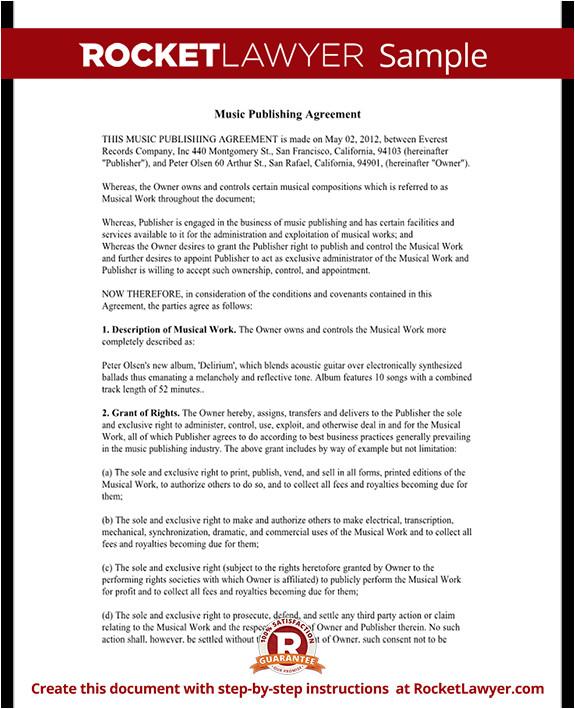 Music Publishing Contract Template Music Publishing Agreement Free form with Sample