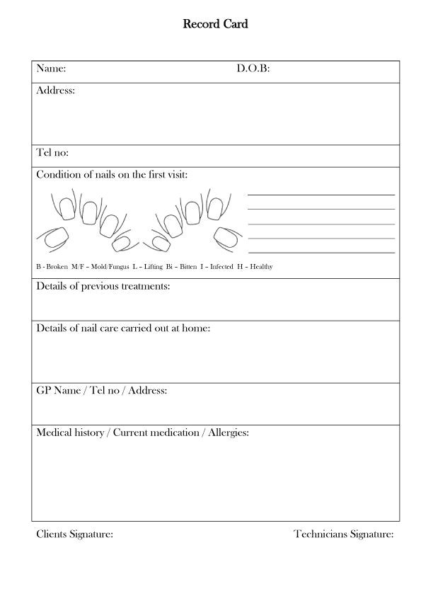 Nail Technician Contract Template Nail Technician Client Record Card Template 1 the