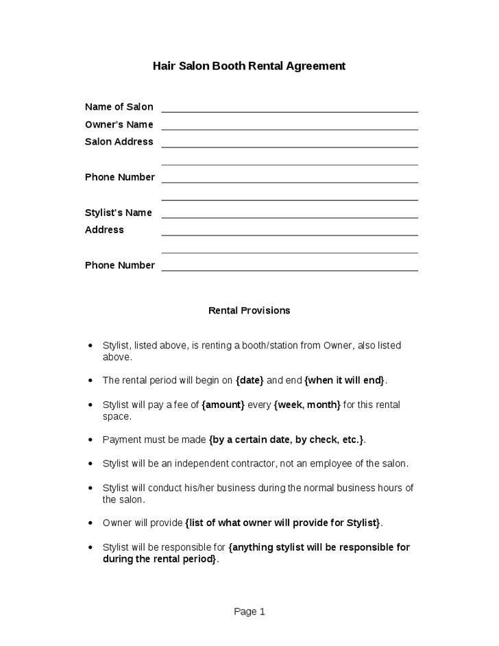 Nail Technician Contract Template Printable Sample Simple Room Rental Agreement form Real
