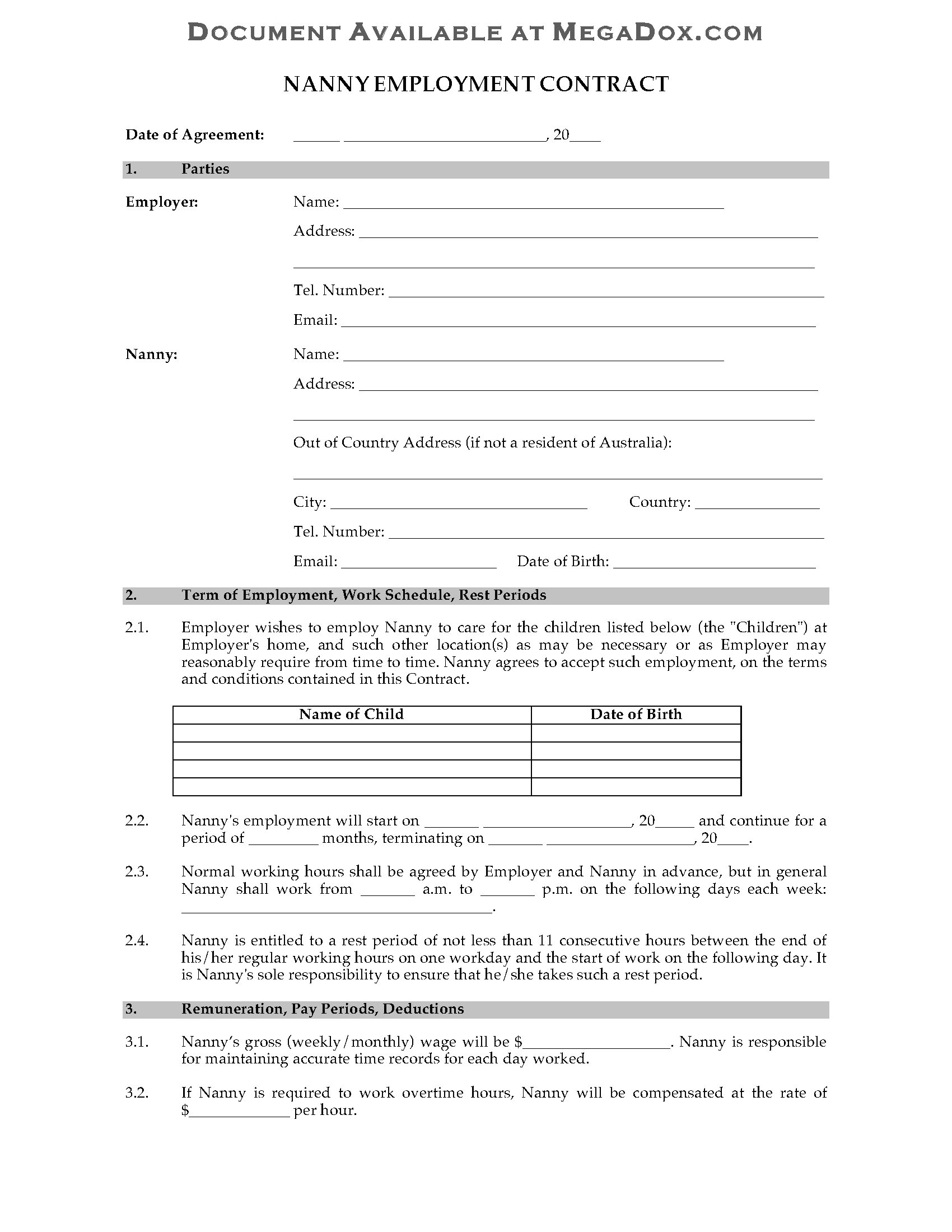 Nanny Contract Template Australia Australia Nanny Employment Contract Legal forms and