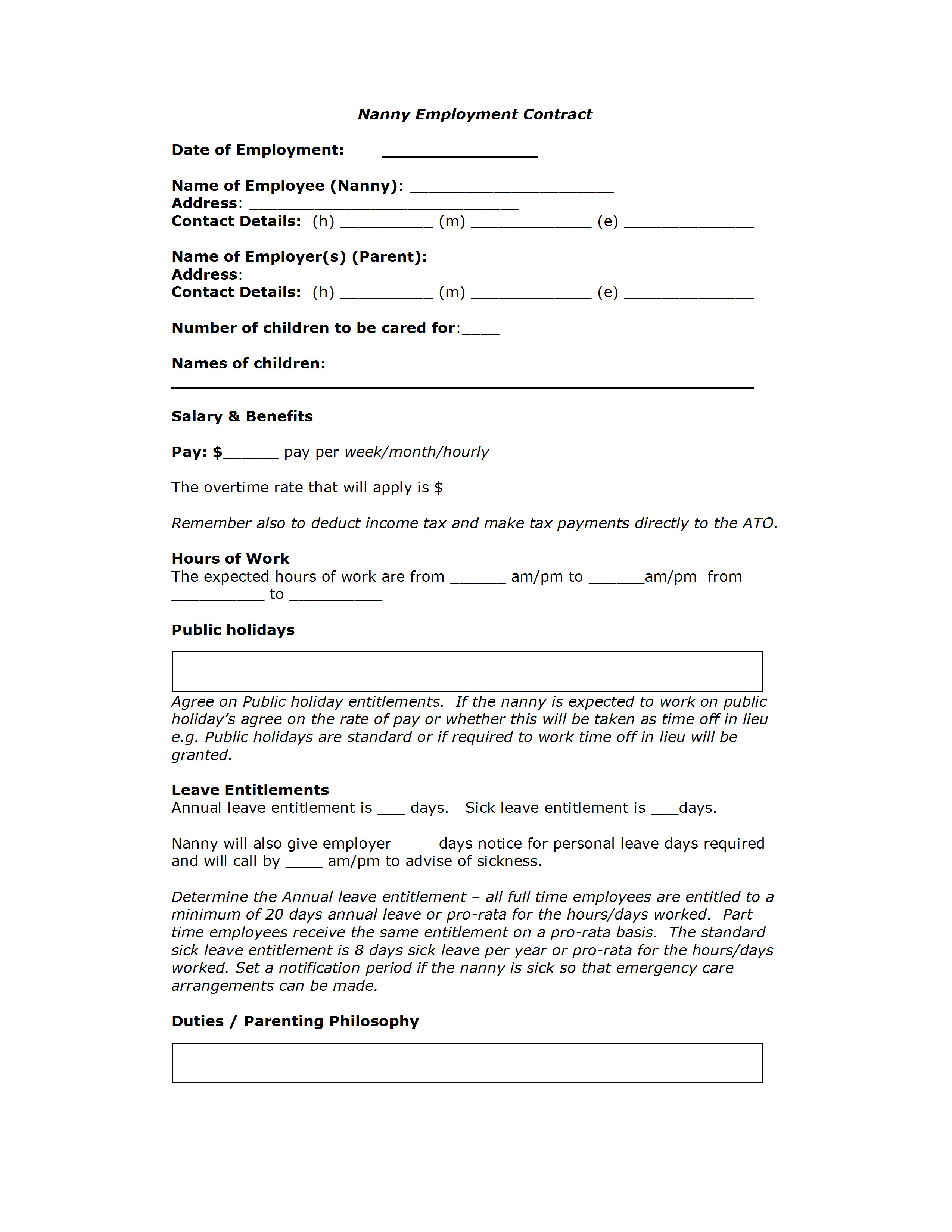 Nanny Contracts Templates Nanny Contract Template