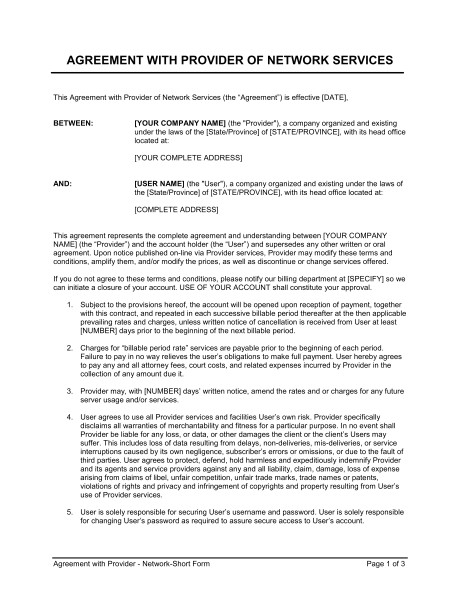 Network Service Contract Template Agreement with Provider Of Network Services Template