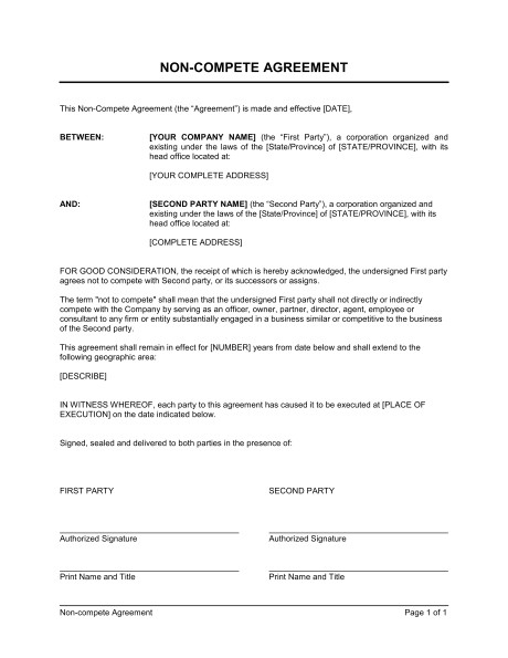No Compete Contract Template General Non Compete Agreement Template Sample form