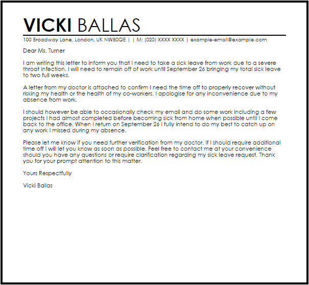 Off Sick Email Template Sick Leave Letter Example Letter Samples Templates