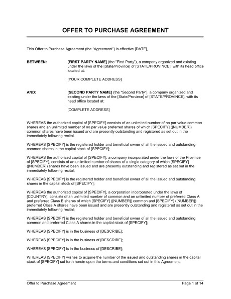 Offer to Purchase Contract Template Offer to Purchase Shares Agreement Template Sample