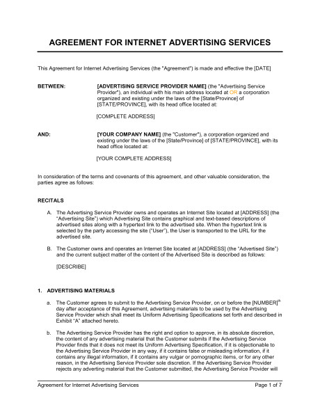 Online Advertising Contract Template Agreement for Internet Advertising Services Template