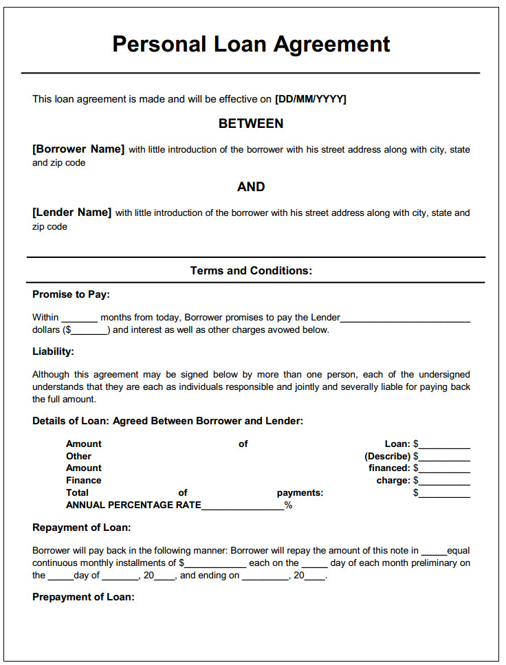 Person to Person Contract Template Personal Loan Agreement Printable Agreements Private
