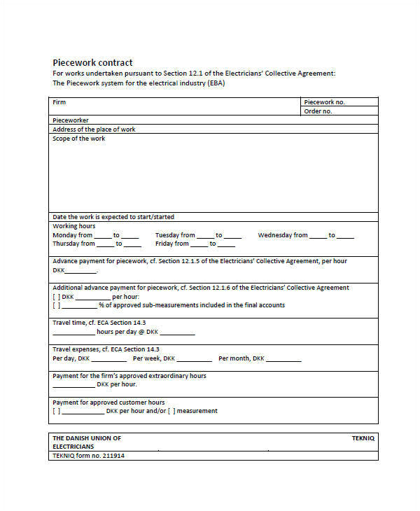 Piece Work Contract Template 10 Work Contract Samples Templates In Pdf Word Google