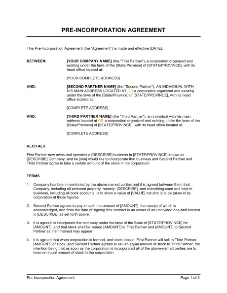 Pre Incorporation Contract Template Pre Incorporation Agreement Template Sample form