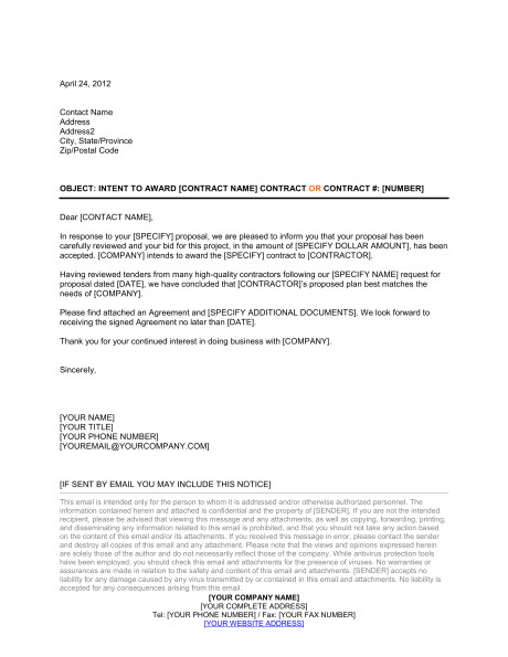 Procurement Contract Award Template Awarding Contract Letter Template Sample form