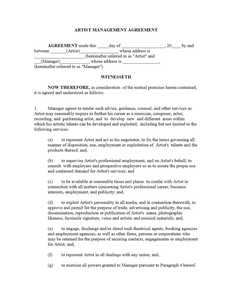 Rap Contract Template Artist Management Contract Template williamson