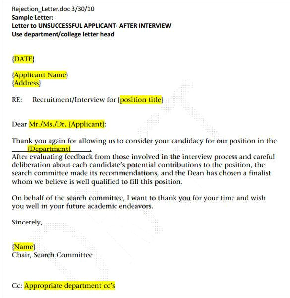 Rejection Email Template after Interview 27 Rejection Letters Template ...