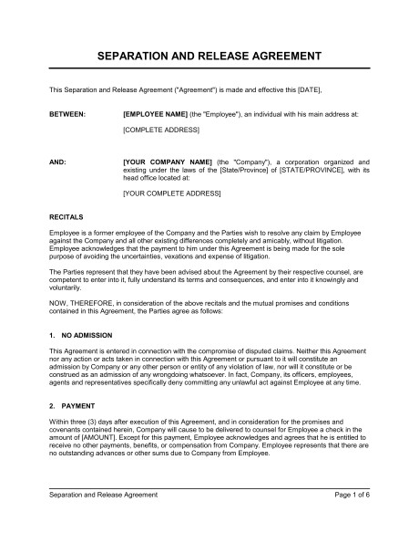 Release From Contract Template Separation and Release Agreement Template Sample form