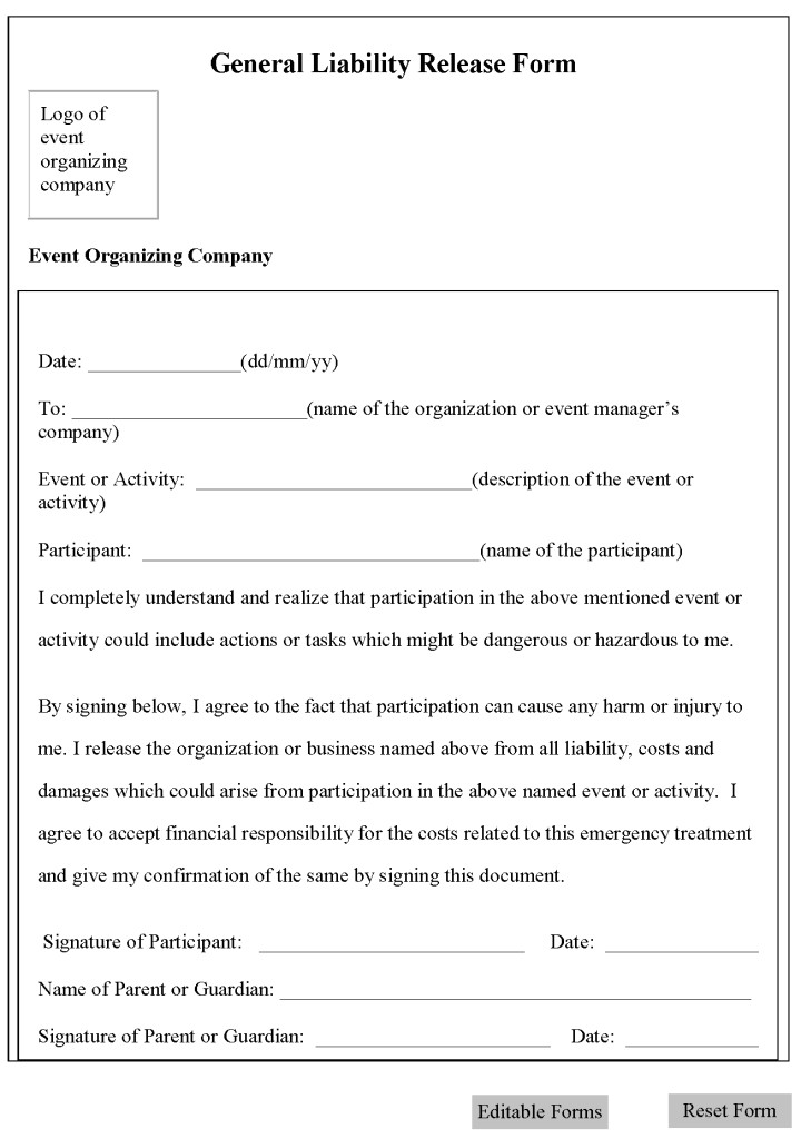 Release Of Liability Contract Template Free Printable Liability Waiver Sample form Generic