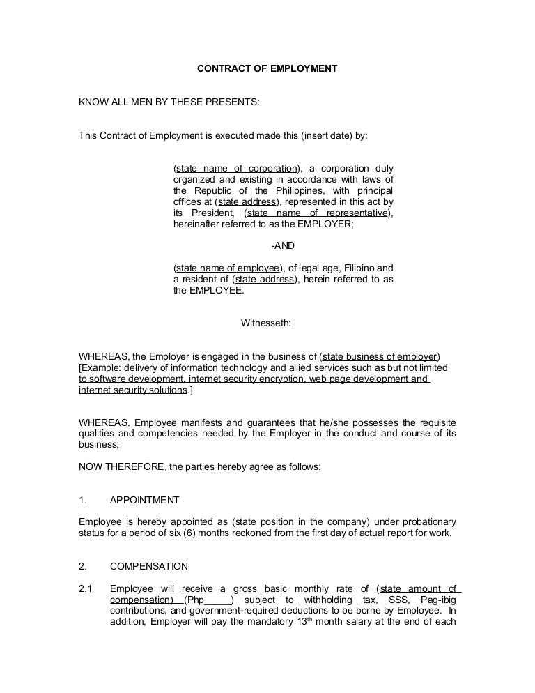 Sample Contract Of Employment Template Ireland Contract Of Employment Probationary Employee