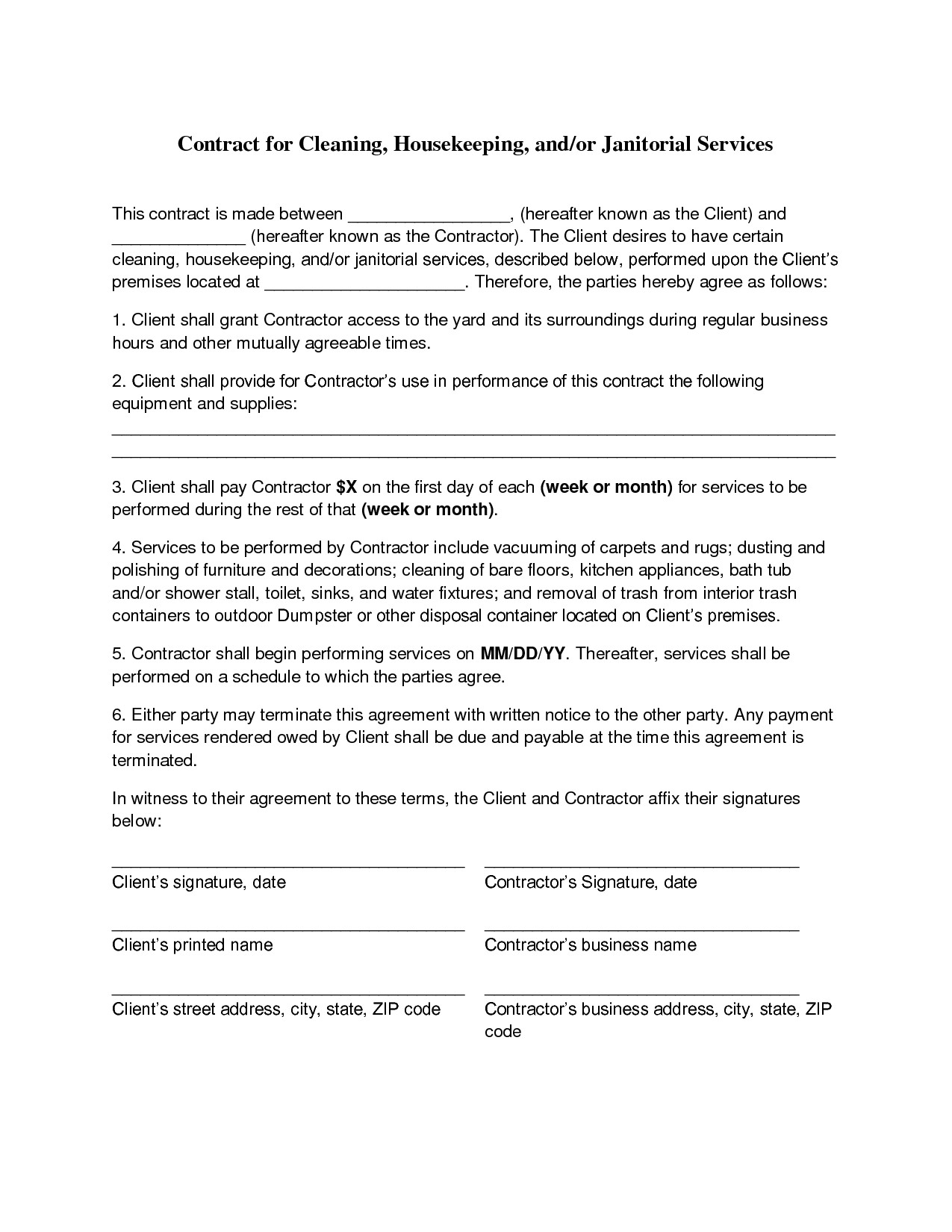 Self Employed Cleaner Contract Template Cleaning Contract Agreement Free Printable Documents