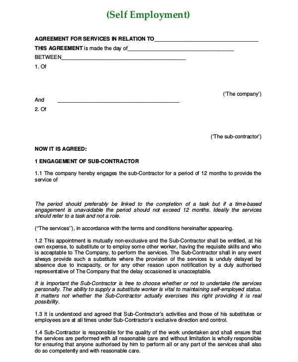 Self Employed Contract Template Uk Sample Self Employment Agreement 5 Documents In Pdf