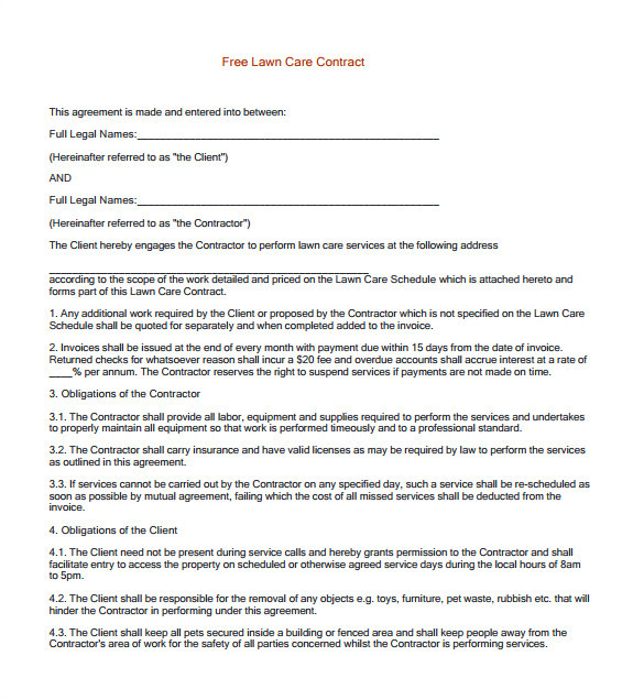 Simple Lawn Care Contract Template 9 Lawn Service Contract Templates Pdf Doc Apple Pages
