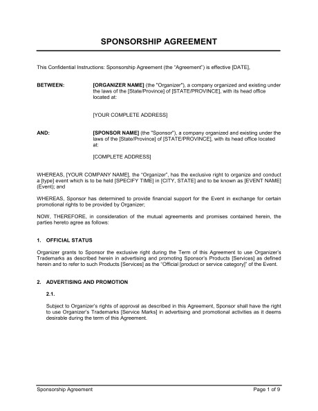 Sponsor Contract Template Sponsorship Agreement Template Word Pdf by Business